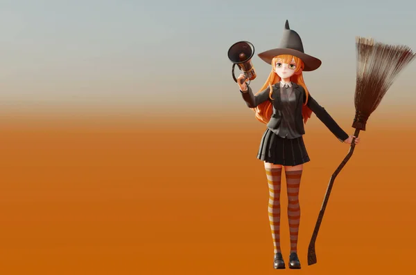 3D插图 女巫的性格 人物形象艺术之间快乐的光环 女巫骑着扫帚飞 — 图库照片