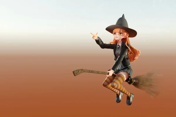 Иллюстрация Персонаж Ведьмы Счастливого Хэллоуина Ведьма Летит Метле — стоковое фото
