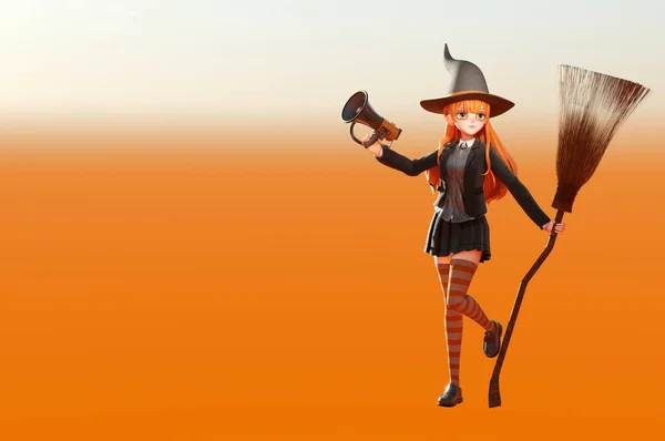 Иллюстрация Персонаж Ведьмы Счастливого Хэллоуина Ведьма Летит Метле — стоковое фото