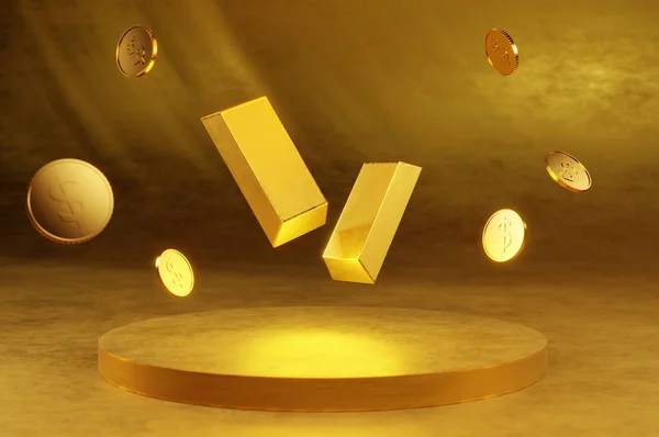 Gold bar and coin  on the presentation stand . wealth concept, treasure, and trading, investment,