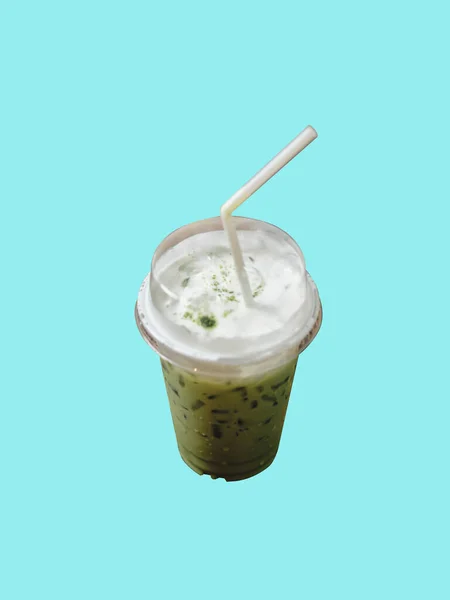 Зеленый Чай Молоко Изолированы Голубом Фоне Пространство Текста — стоковое фото