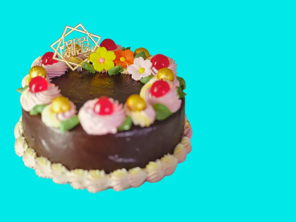 サプライズバースデー 母の日 青い背景のバレンタインデーのためのかわいい誕生日ケーキ — ストック写真