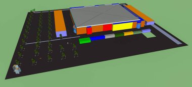 Ortadaki bir hipermarketin etrafına inşa edilmiş bir ticaret merkezinin basit bir 3D modelinin üst görüntüsü, diğer mağazalar ve hizmetler ana binayı çevreleyen büyük ormanlık otoparka kurulmuş durumda.