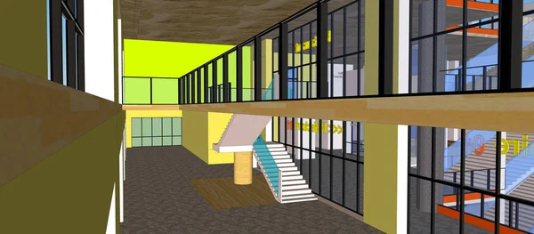 디자인 소프트웨어로 건물의 모델링 이미지 창문이있는 로프트의 방이나 계단이 메자닌 — 스톡 사진