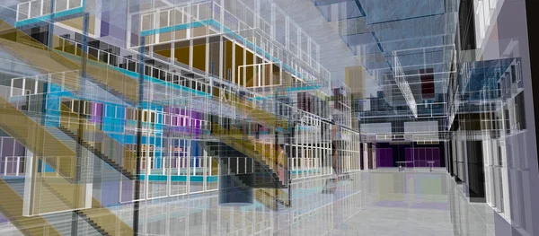 디자인 소프트웨어로 투명하고 상상력있는 건물의 아트리움 주위에 지어진 메자닌 바닥을 — 스톡 사진