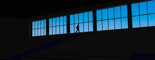 Model Silhouette Man Walking Alone His Head Bay Window Dark — Stock Photo, Image