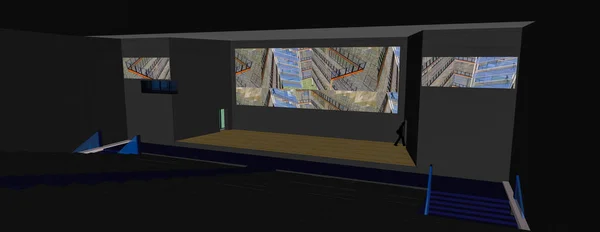 3D model, generated with a design software, of an amphitheatre, having large projection screen, dark walls and a wooden stage ; it also could be a theater stage, a cinema or a conference room