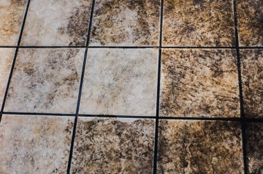 Ev bakımı: bir terasın kirli zemin fayansları ile yüksek basınçlı temizleyici vasıtasıyla yıkanmış ve beyazlatılmış taş lekeleri arasında karşılaştırma