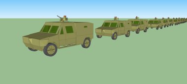 3D, computer generated image of a military convoy composed of numerous, identical armored vehicles. These scout cars, featuring a weapon station on the roof, are going in formation on the battlefield