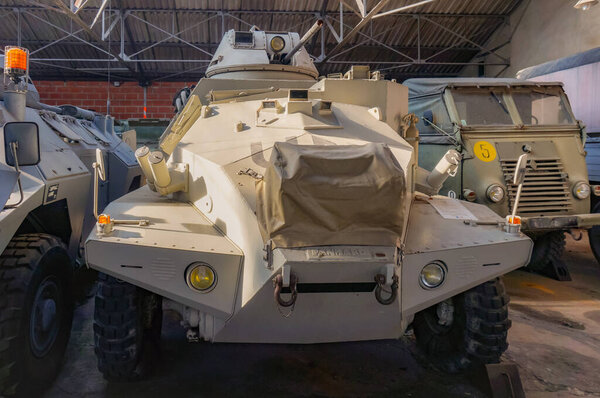 Troyes, France - Sept. 2020 - An old, retired VCR formerly used by the United Nations, an armored personnel carrier developed by the French manufacturer Panhard and equipped with a 12.7 mm machine gun