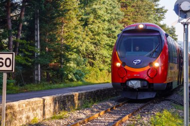 Alpes-de-Haute-Provence, Fransa - Ağustos 2018 - Fransız üreticisi CFD tarafından yapılan ve tren hattında hizmet veren kırmızı bir dağ treni Nice-Digne ve kırsal bir tren istasyonunda durdu.