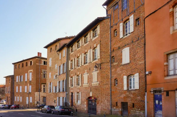 Old Traditional Brick Townhouses Built Embankment Historic City Albi Southern — Stock Photo, Image