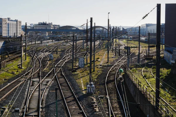 Reims Frankrijk Februari 2022 Spoorweglandschap Met Verschillende Sporen Spoorschakelaars Elektrische — Stockfoto