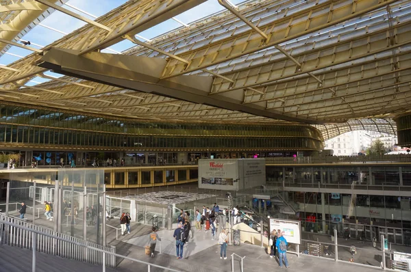 Stock image Paris, France - April 2022 - Huge pedestrian passageway around the shopping gallery of the Westfield Canope Commercial Center of the Quartier des Halles, with its well-known golden sky roof