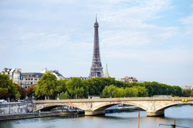 View on the River Seine from Alexandre III Bridge, showing the Pont des Invalides, the tree-lined Quai d'Orsay, the belfry of the protestant American Church and the Eiffel Tower, in Paris, in France clipart