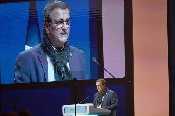 stock image Reims, France - Feb. 5, 2022 - Louis Aliot's speech on big screen at Marine Le Pen's Presidential Convention ; he is the mayor of Perpignan and a vice-chairman of the Rassemblement national party