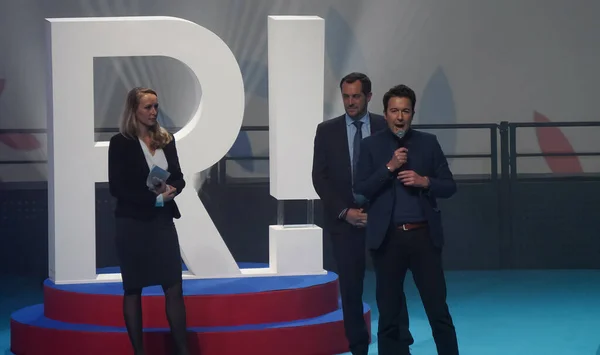 stock image Paris, France - Dec. 2023 - The three vice-presidents of conservative party Reconquete!, Guillaume Peltier, Nicolas Bay and Marion Marechal, together for the celebration of the movement's anniversary