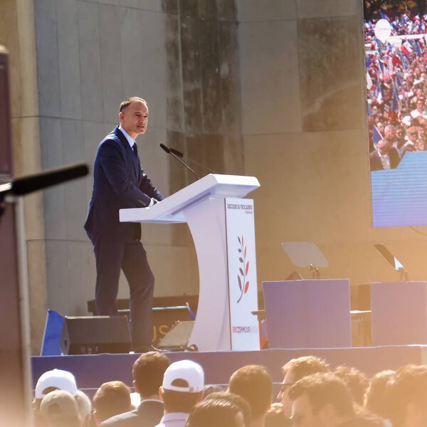 Paris, France - March 27, 2022 - Les Republicains Senator Sebastien Meurant's speech, on the stage of presidential candidate Eric Zemmour's Trocadero giant outdoor rally in the French capital