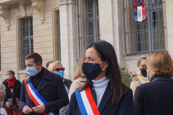 Troyes, France - Oct. 18, 2020 - "Deputy" (member of the National Assembly) Valerie Bazin-Malgras, wearing the tricolor sash, at the manifestation of Samuel Paty, a teacher beheaded by a jihadist