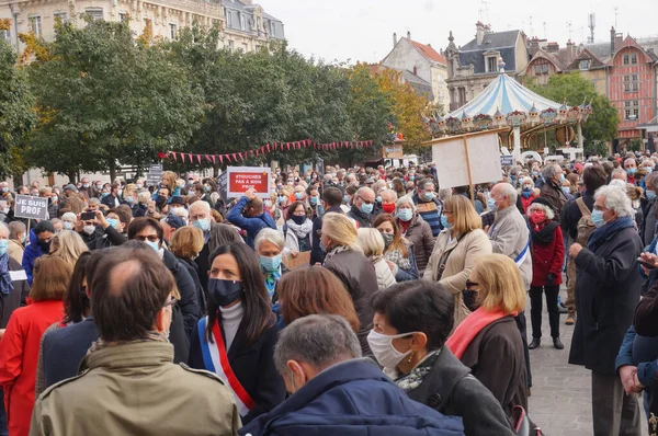 Troyes França Outubro 2020 Uma Grande Multidão Reúne Praça Alexandre — Fotografia de Stock