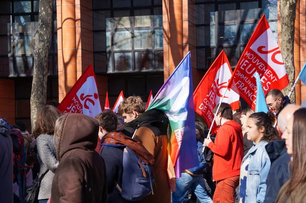 Toulouse França Fevereiro 2023 Manifestantes Dos Sindicatos Partidos Políticos Esquerda — Fotografia de Stock