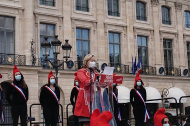 Paris, France - Oct. 10, 2020 - Ludovine de la Rochre, President of La Manif Pour Tous (LMPT), is interviewed by the French media at Marchons Enfants' demonstration against the bioethics bill