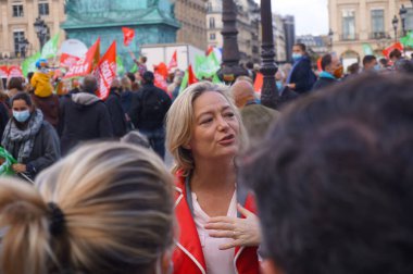 Paris, France - Oct. 10, 2020 - Ludovine de la Rochre, President of La Manif Pour Tous (LMPT), is interviewed by the French media at Marchons Enfants' demonstration against the bioethics bill