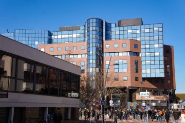 Toulouse, France - Feb. 2023 - Modern glass office buildings on the Esplanade of Lascrosses Boulevard, in the recent business district of Compans-Caffarelli, including LCL's local headquarters