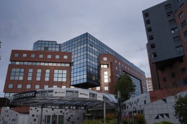 Toulouse, France - Feb. 2023 - Modern glass office buildings on the Esplanade of Lascrosses Boulevard, in the recent business district of Compans-Caffarelli, including LCL's local headquarters