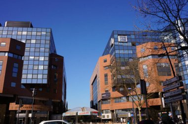 Toulouse, France - Feb. 2023 - Modern glass office buildings on the Esplanade of Lascrosses Boulevard, in the recent business district of Compans-Caffarelli, including LCL's local headquarters