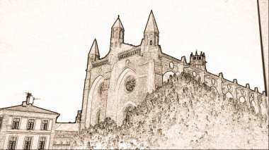 Fransa 'nın Toulouse kentindeki Dominik Jakoben Manastırı' nın güney gotik kilisesinin batı cephesinin kalem stili çizimi.