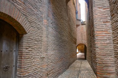 Tuğladan duvarları, kaldırımı, kemerli kapısı ve eski devasa ahşap kapısı olan tipik dar sokaklar Toulouse 'da, Rose City' de, Fransa 'da, Ortaçağ mimari kompleksi