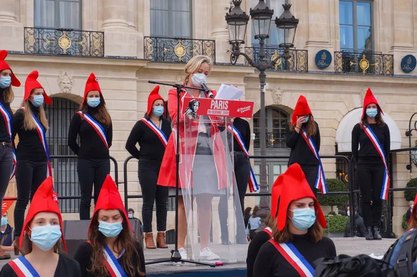 Paris, France - Oct. 10, 2020 - Group of cheerful young female supporters of La Manif pour Tous, dressed up as French 