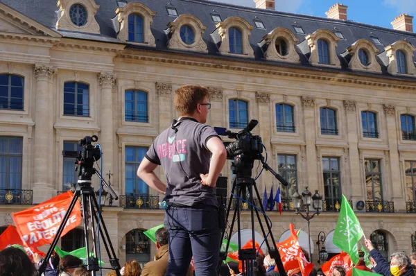 París Francia Octubre 2020 Operador Cámara Cubre Manifestación Marchons Enfants — Foto de Stock