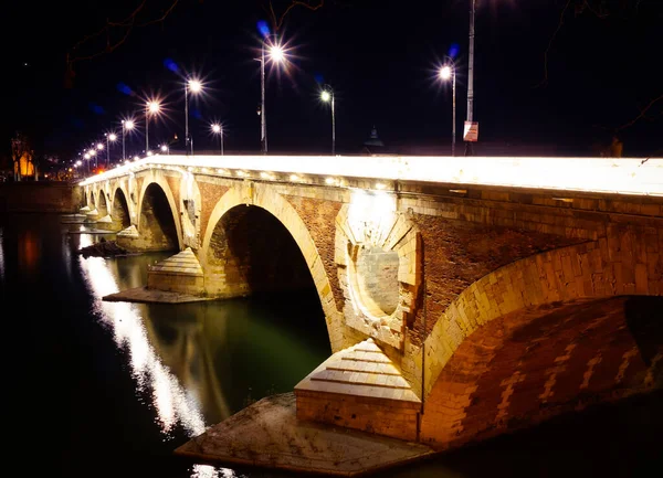 Fotografia Noturna Ponte Arqueada Tijolo Pont Neuf Ponte Mais Antiga — Fotografia de Stock