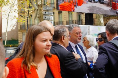 Toulouse, France - Aug. 31, 2023 - Structure relocation of Franois Verdier War Memorial for the construction of metro Line C: deputy-mayors Nina Ochoa, Jean-Paul Bouche and Jean-Jacques Bolzan clipart