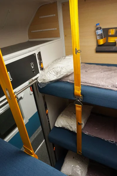 stock image Paris, France - Sept. 11, 2023 - Inside a sleeper train, on the Intercits Paris-Toulouse night line run by SNCF: the renovated compartment has new bunk beds, with wooden sidings on the lining