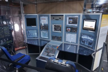 Toulouse, France - Nov. 21, 2023 - On-board computers embedded on an Airbus A300B, that served as a test aircraft in the 1970s; this prototype is exhibited at Aeroscopia Museum clipart