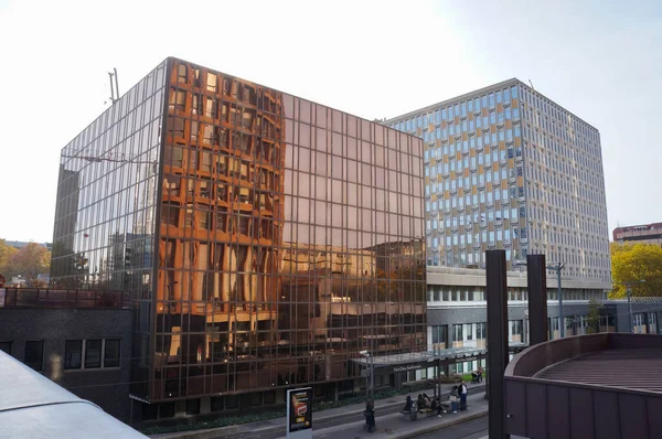 stock image Lyon, France - Nov. 24, 2022 - Glass building of the State Administration Center and Public Finance Center on Rue Servient, a street that crosses through La Part-Dieu Central Business District