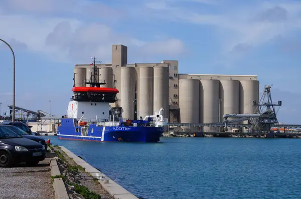 stock image Port-la-Nouvelle, France - April 5, 2024 - Brand-new Hydromer Sete, an electric, hydrogen-powered trailing suction hopper dredger, made in France by Piriou, a few hours after its commissioning in Ste