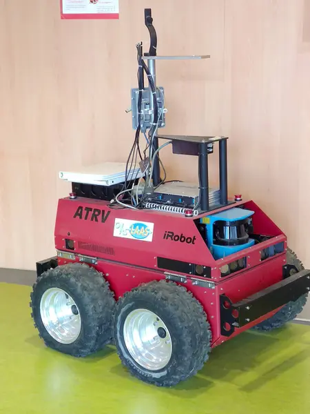 stock image Rangueil, France - March 14, 2024 - Red ATRV, a wheeled mobile robot by Real World Interface Inc., instrumented and tested by LAAS, the French National Research Center's (CNRS) automation laboratory 