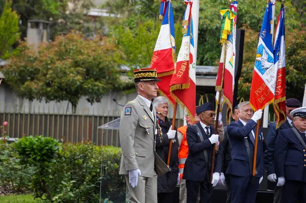 Stock image Toulouse, France - May 8, 2024 - Brigadier-general Frdric Danigo, commander of the 11th Parachute Brigade (11e BP), Haute-Garonne Department Military Delegate, at the War Memorial on Victory Day