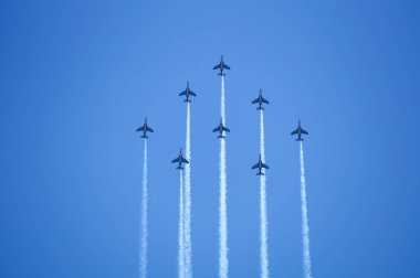 Lherm, Fransa - 11 Mayıs 2024 - Fransa Hava Kuvvetleri 'nin akrobatik gösteri birimi Patrouille de France tarafından Muret-Lherm Havaalanı' ndaki AirExpo gösterisinde Fransız bayraklı sigaralarla yapılan akrobatik hareketler
