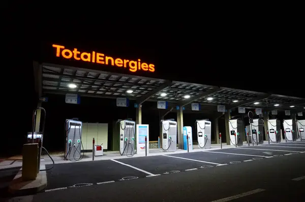 stock image La Palme, France - April 6, 2024 - Ultra modern charging station for electric vehicles at Catalane La Palme-Est Rest Area, by A9 motorway near Narbonne, run by French energy company TotalEnergies