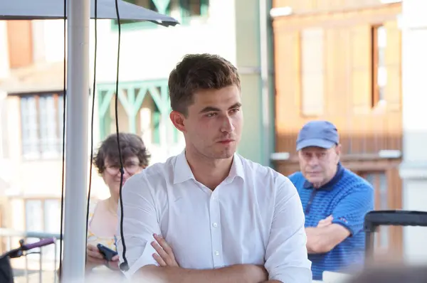 stock image Castres, France - July 5, 2024 - President of Les Jeunes Rpublicains (JLR, the Young Republicans), right-wing union legislative candidate Guilhem Carayon, during a rally with MP Frdric Cabrolier 