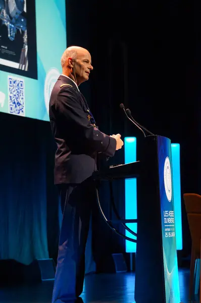 stock image Paris-La Dfense, France - June 25, 2024 - Major-General Philippe Adam, Commander of the French Space Command, gives a speech at 