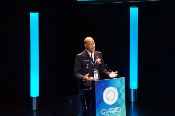 stock image Paris-La Dfense, France - June 25, 2024 - Major-General Philippe Adam, Commander of the French Space Command, gives a speech at 