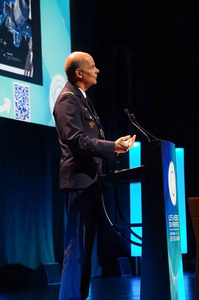 stock image Paris-La Dfense, France - June 25, 2024 - Major-General Philippe Adam, Commander of the French Space Command, gives a speech at 