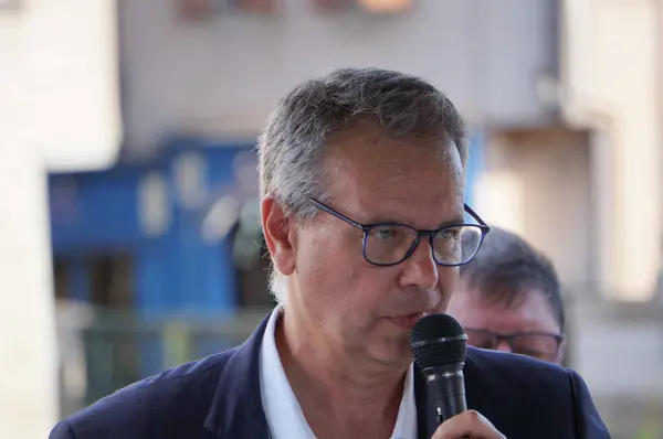 stock image Castres, France - July 5, 2024 - Representative of Tarn, Member of the National Assembly Frdric Cabrolier (RN) during an election meeting with righ-wing union fellow candidate Guilhem Carayon