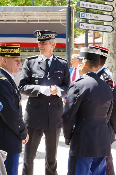 stock image Toulouse, France - July 14, 2024 - Senior officers on National Day, including police Commissioner-General Alexandre Desportes, fire service Sbastien Verg and a Gendarmerie brigadier-general 